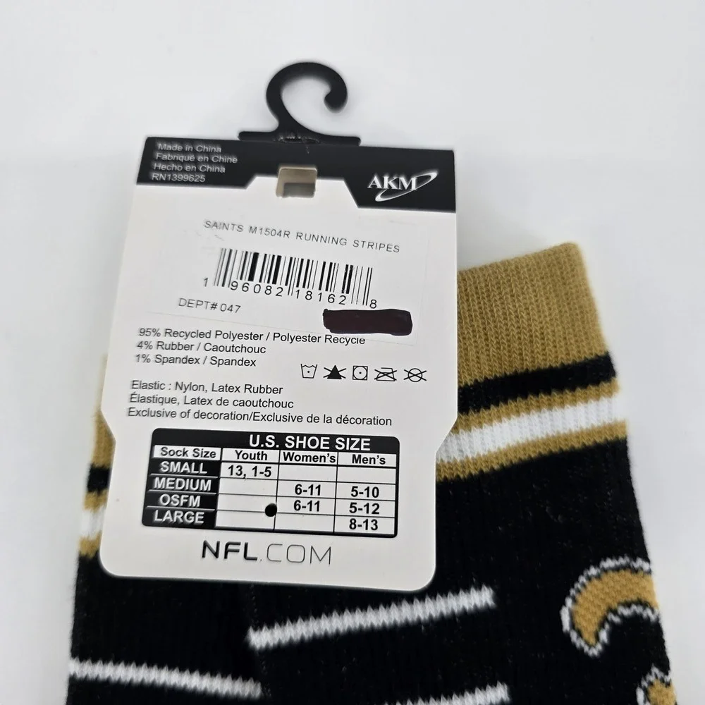 NFL New Orleans Saints Crew Socks Mens Striped Logo Black Gold Large NWT